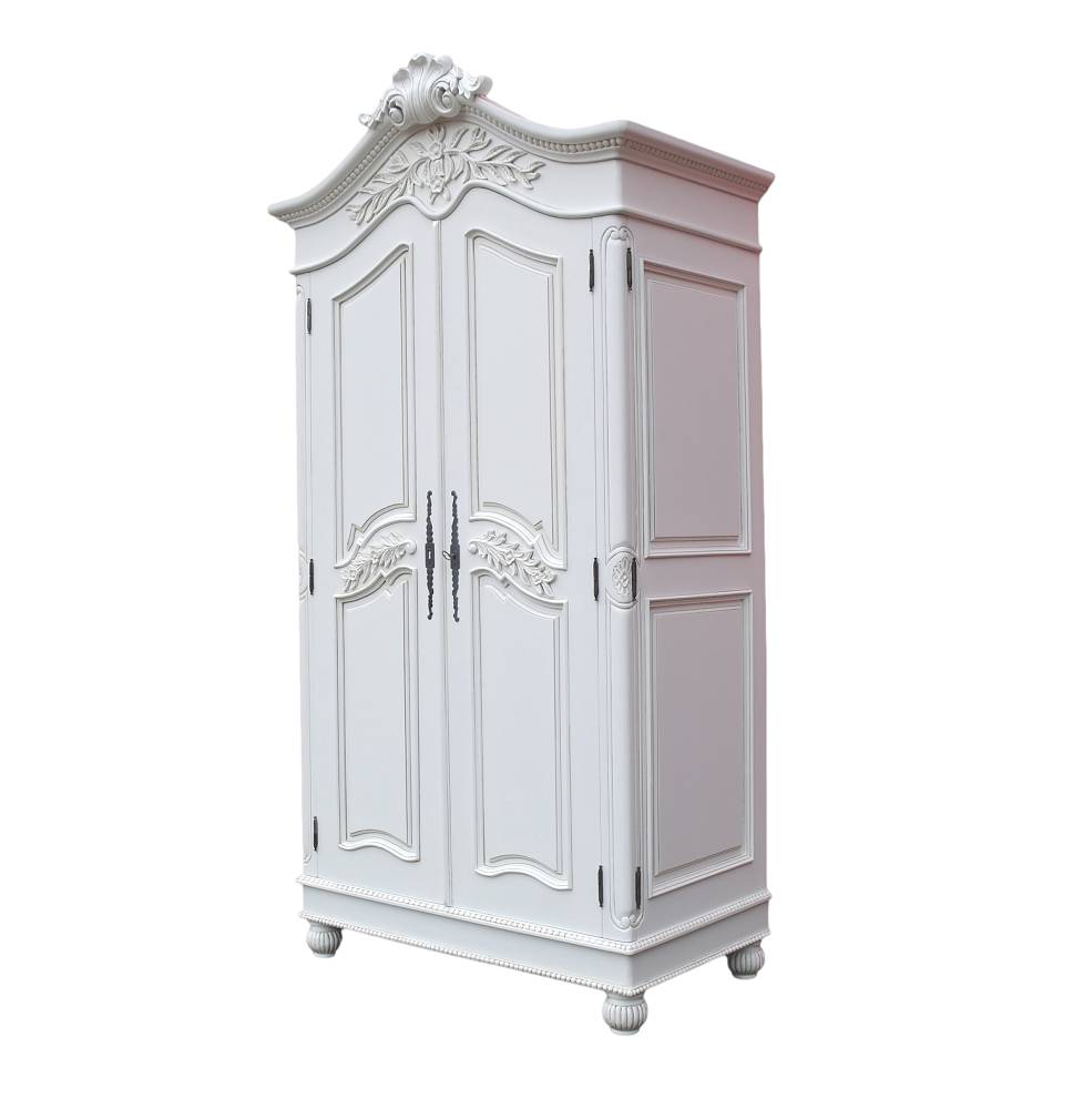 Wooden Carved French Chateau White Double Armoire