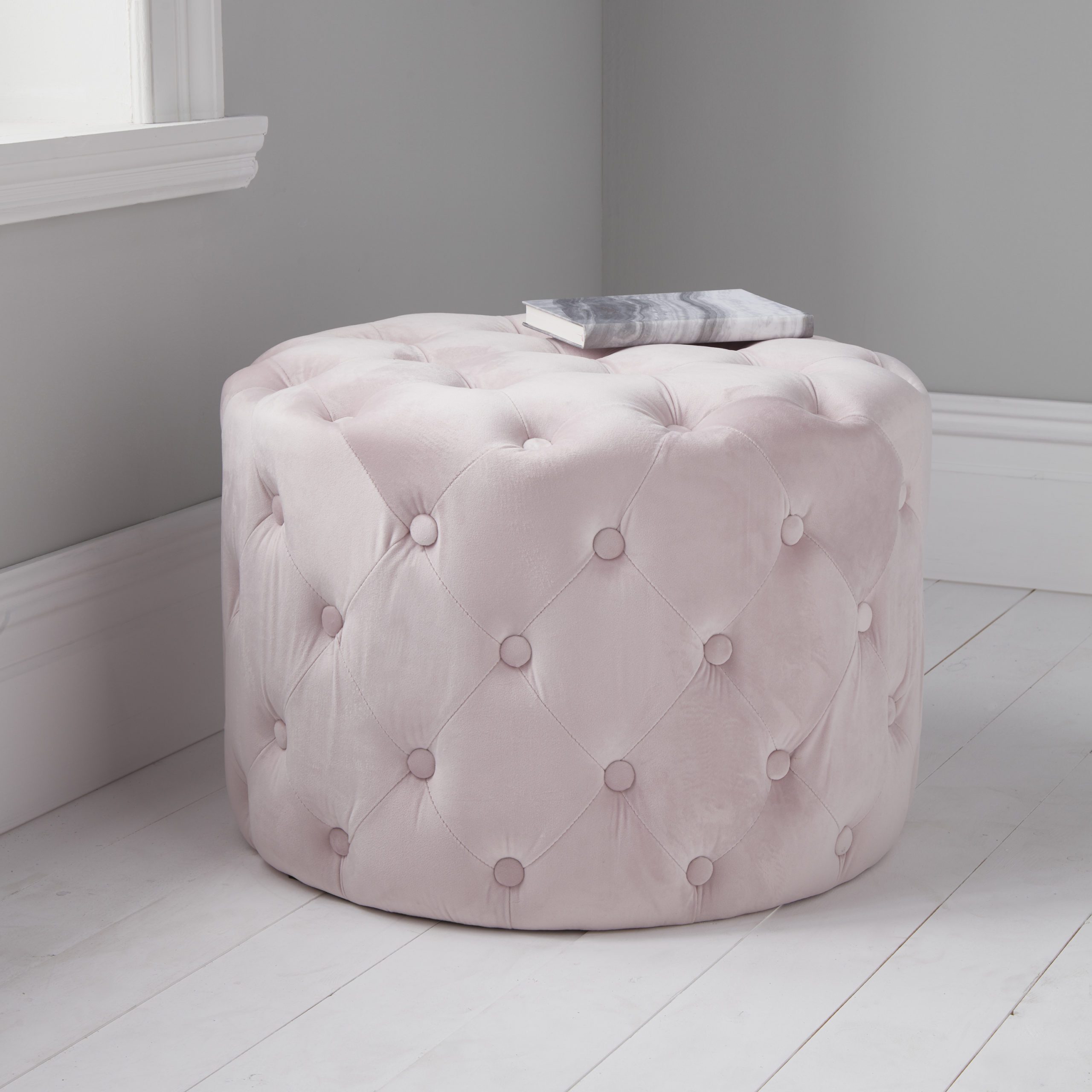 Pastel Pink Tufted Velvet Pouffe