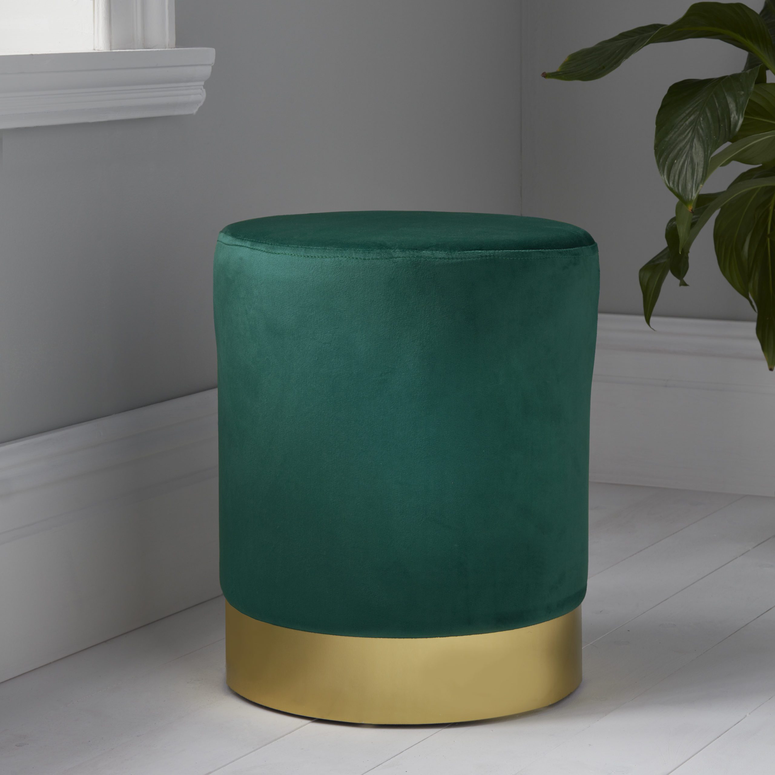 Round Deep Green Velvet Stool – Gold Finish