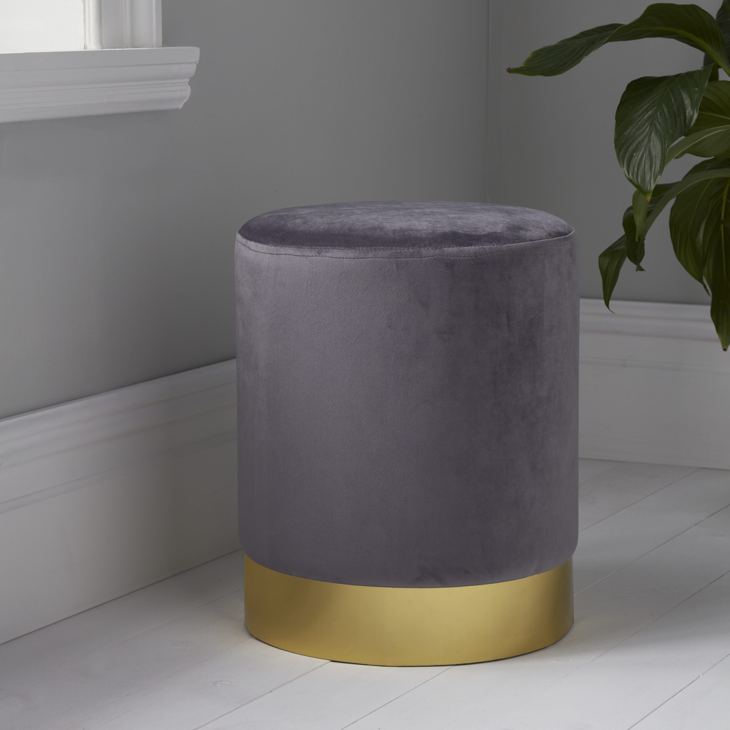 Round Grey Velvet Stool – Gold Finish