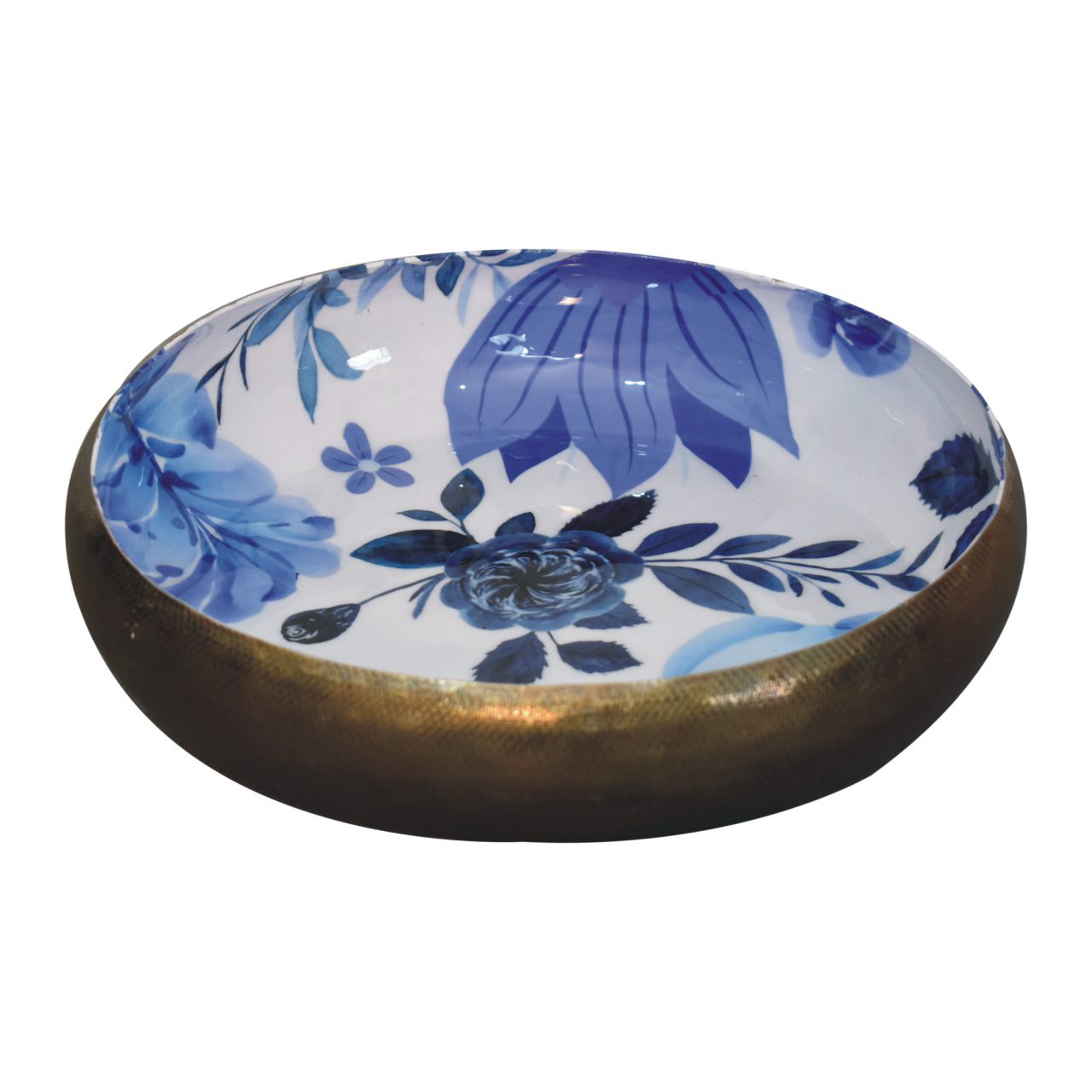 Blue Floral and Brass Fruit Bowl