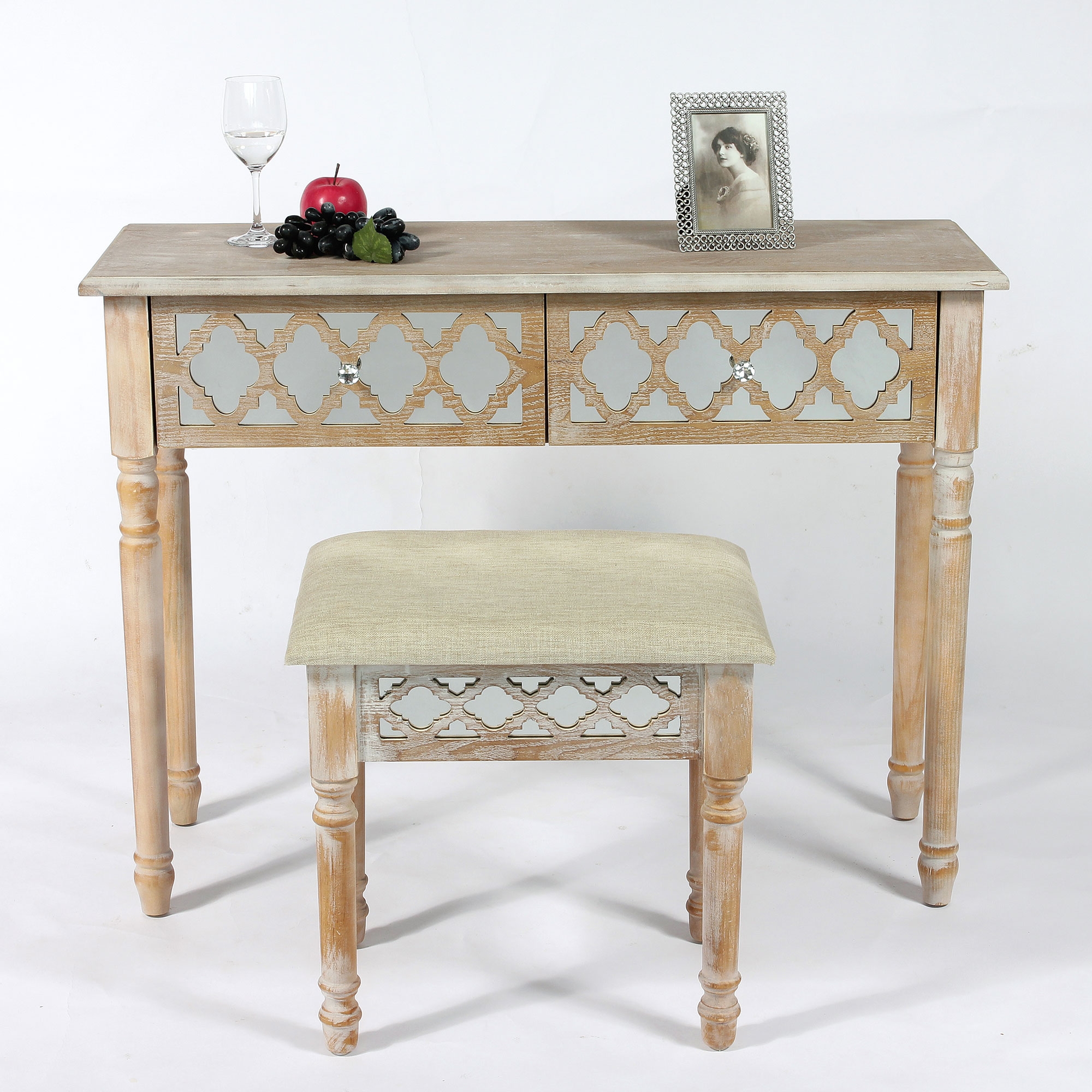 Wood Lattice Mirrored Dressing Table Set