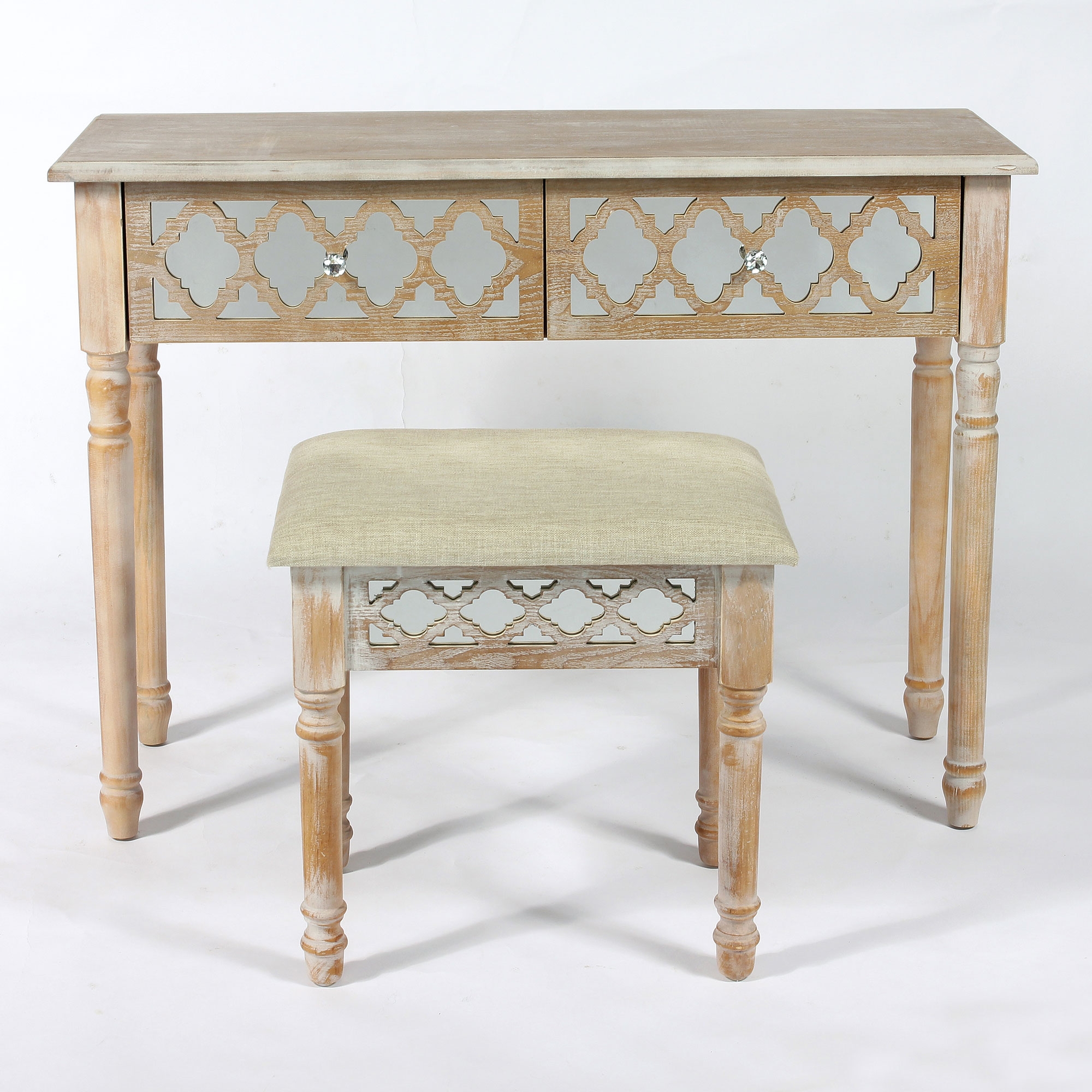 Wood Lattice Mirrored Dressing Table Set