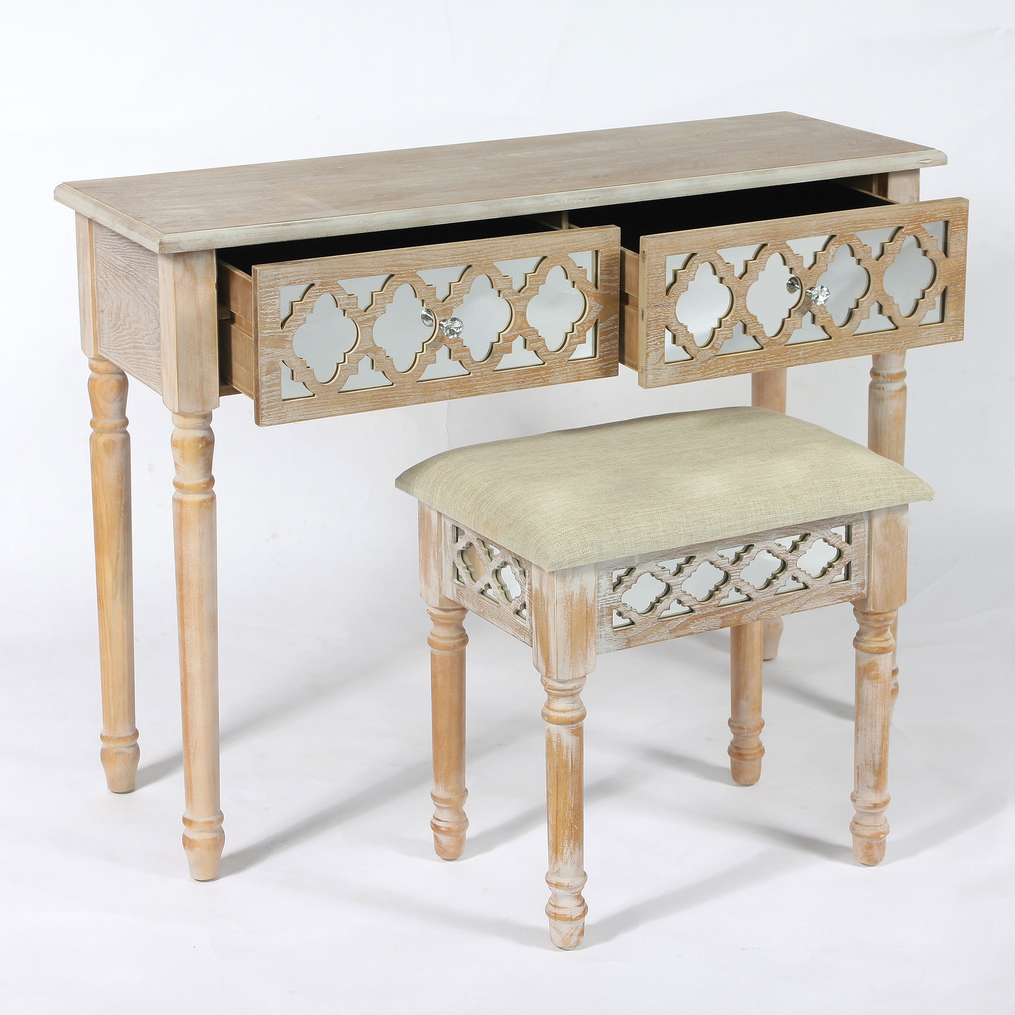 Wood Lattice Mirrored Dressing Table Set