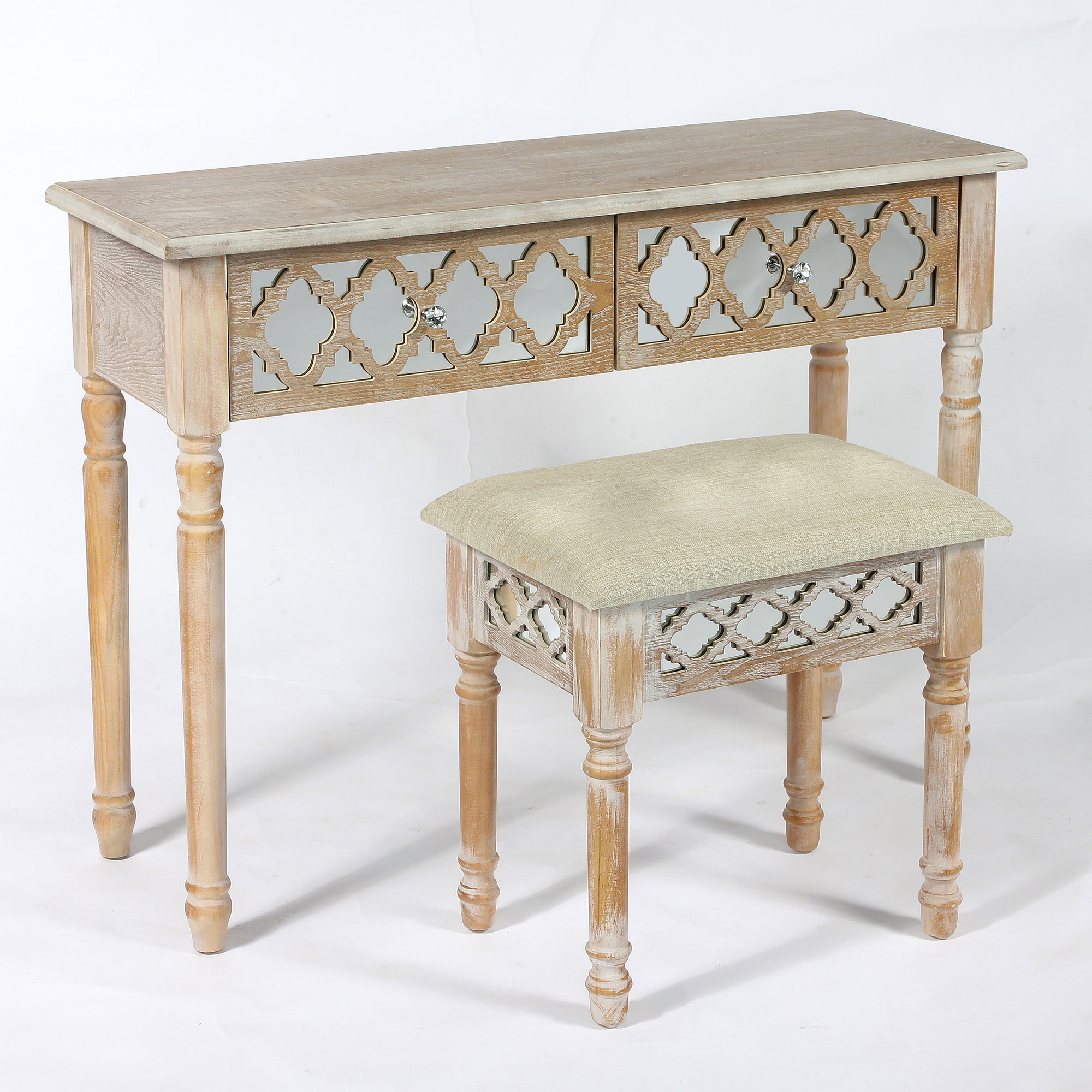 Wood Lattice Mirrored Dressing Table Set