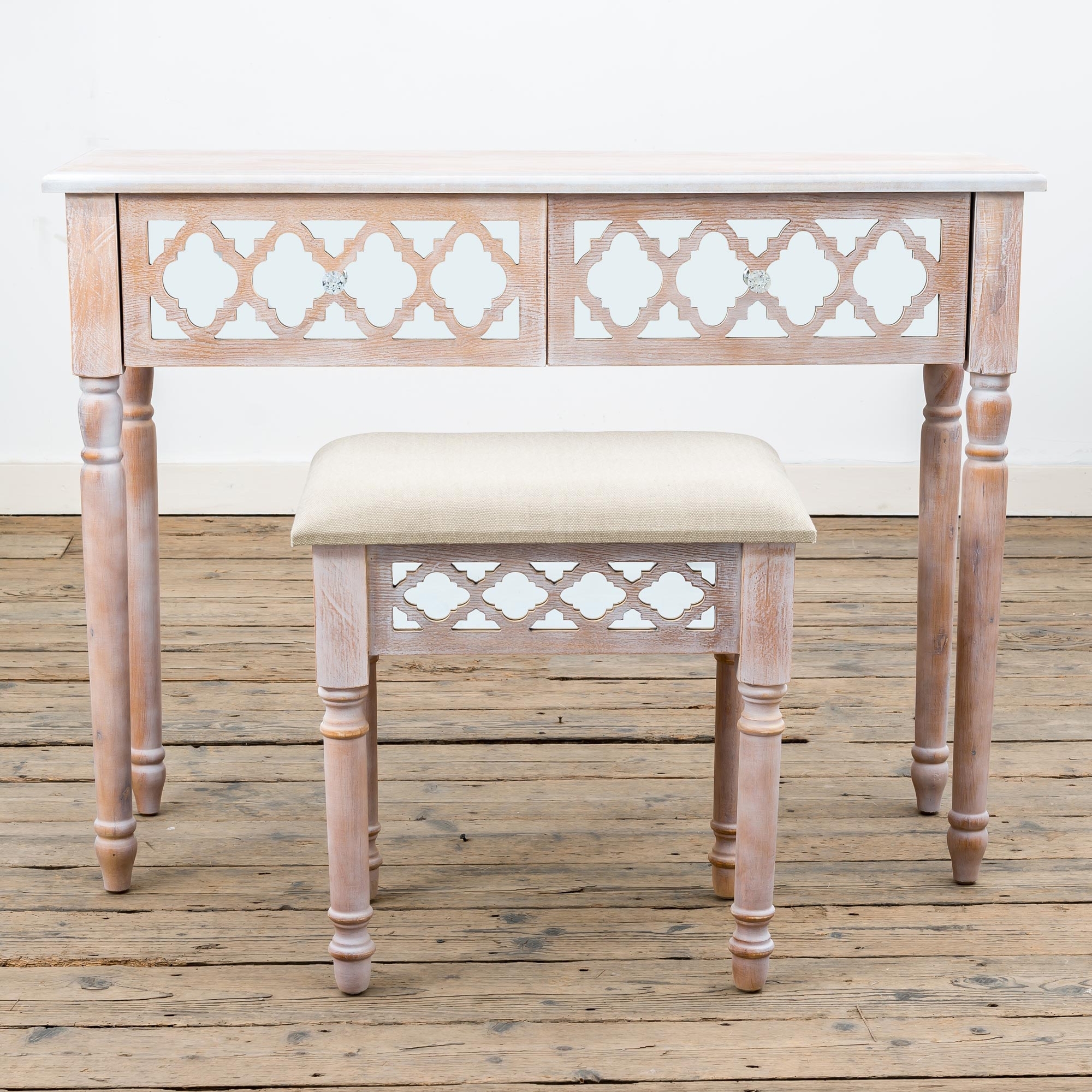 Wood Lattice Mirrored Dressing Table Set