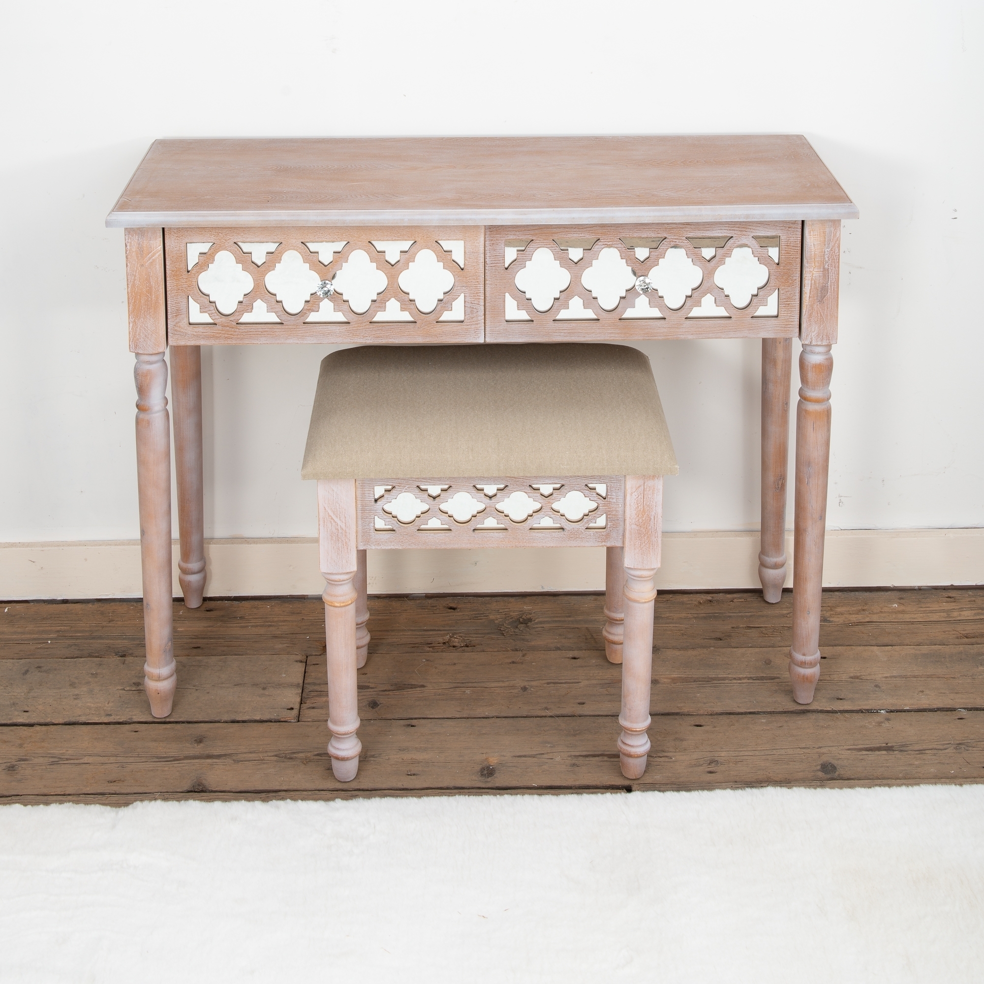 Wood Lattice Mirrored Dressing Table Set