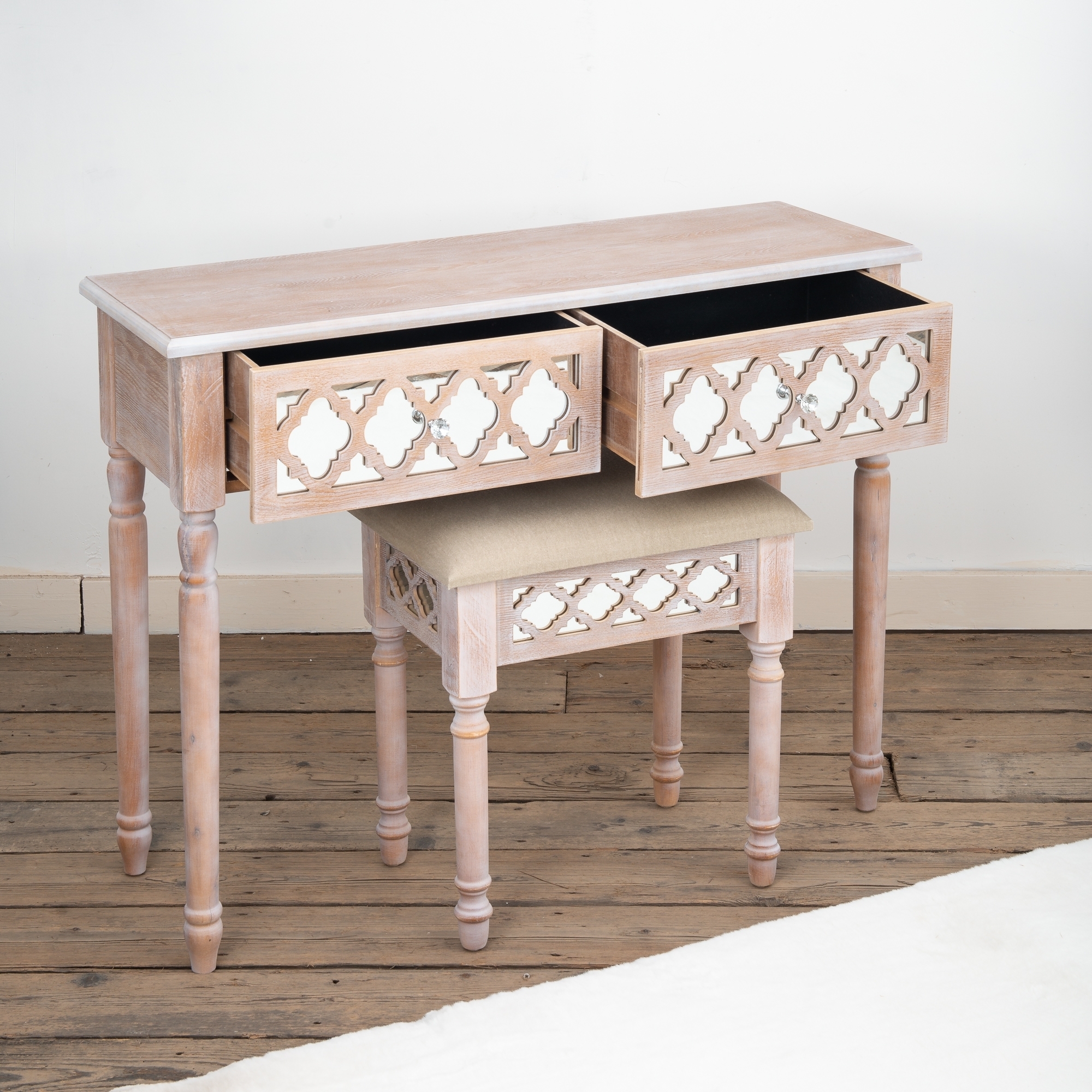 Wood Lattice Mirrored Dressing Table Set