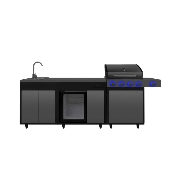 Outdoor Kitchen – 4 Burner Gas BBQ Grill with Beverage Cooler and Sink – Black