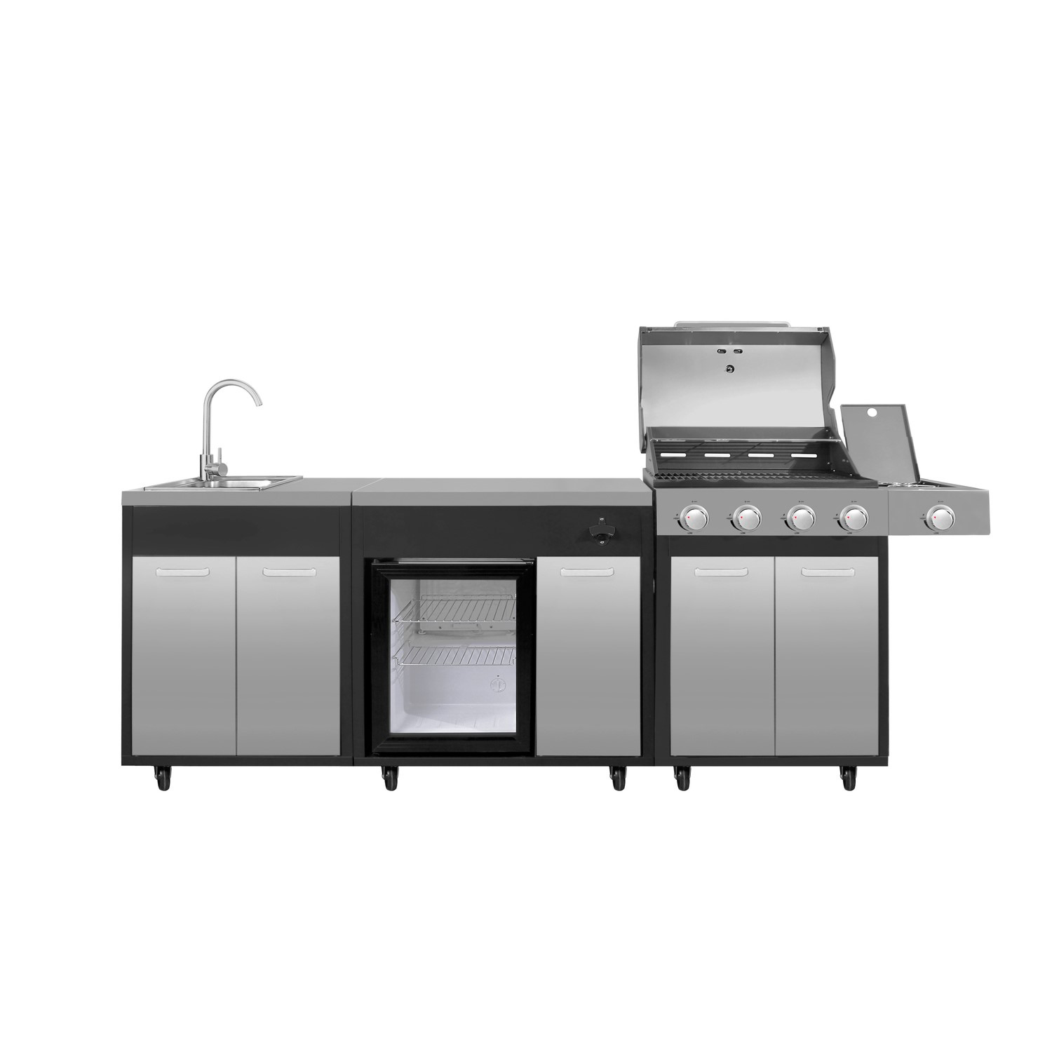 Outdoor Kitchen – 4 Burner Gas BBQ Grill with Beverage Cooler and Sink – Black