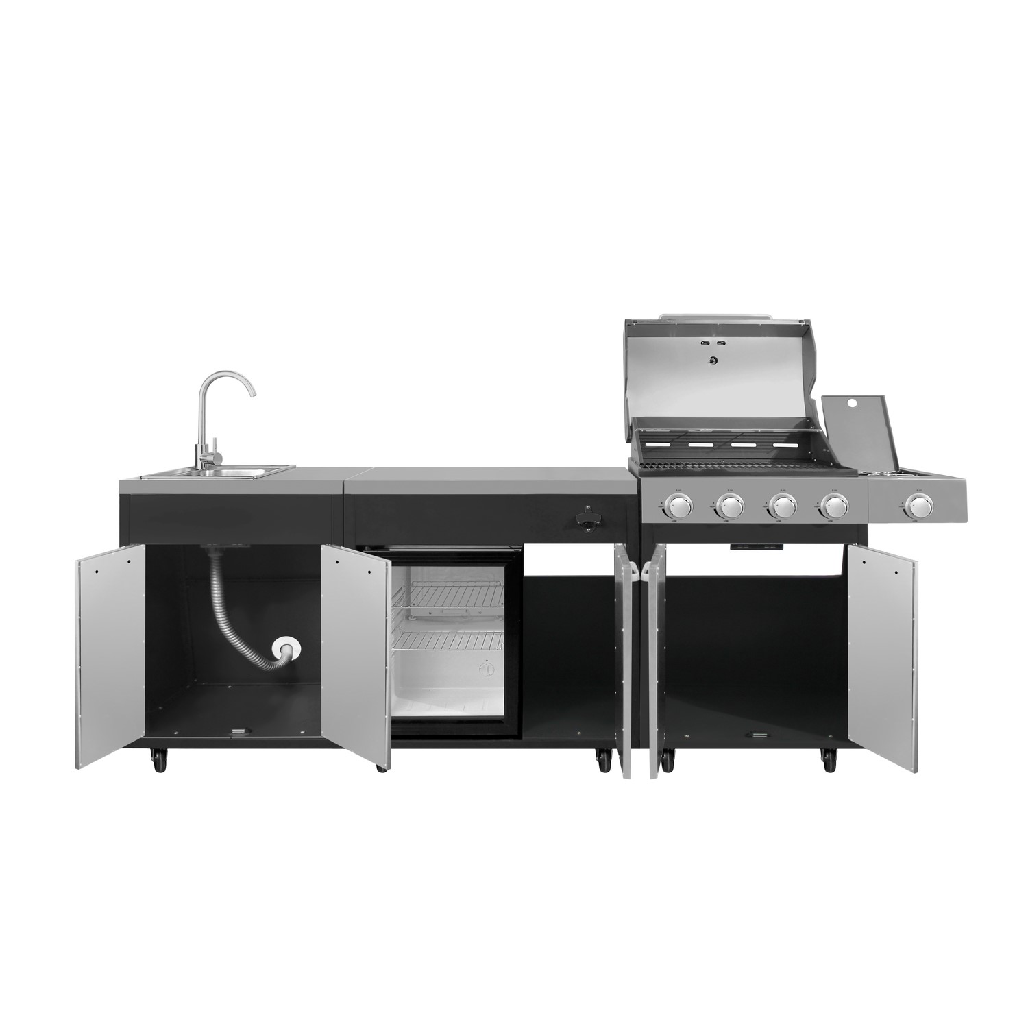 Outdoor Kitchen – 4 Burner Gas BBQ Grill with Beverage Cooler and Sink – Black