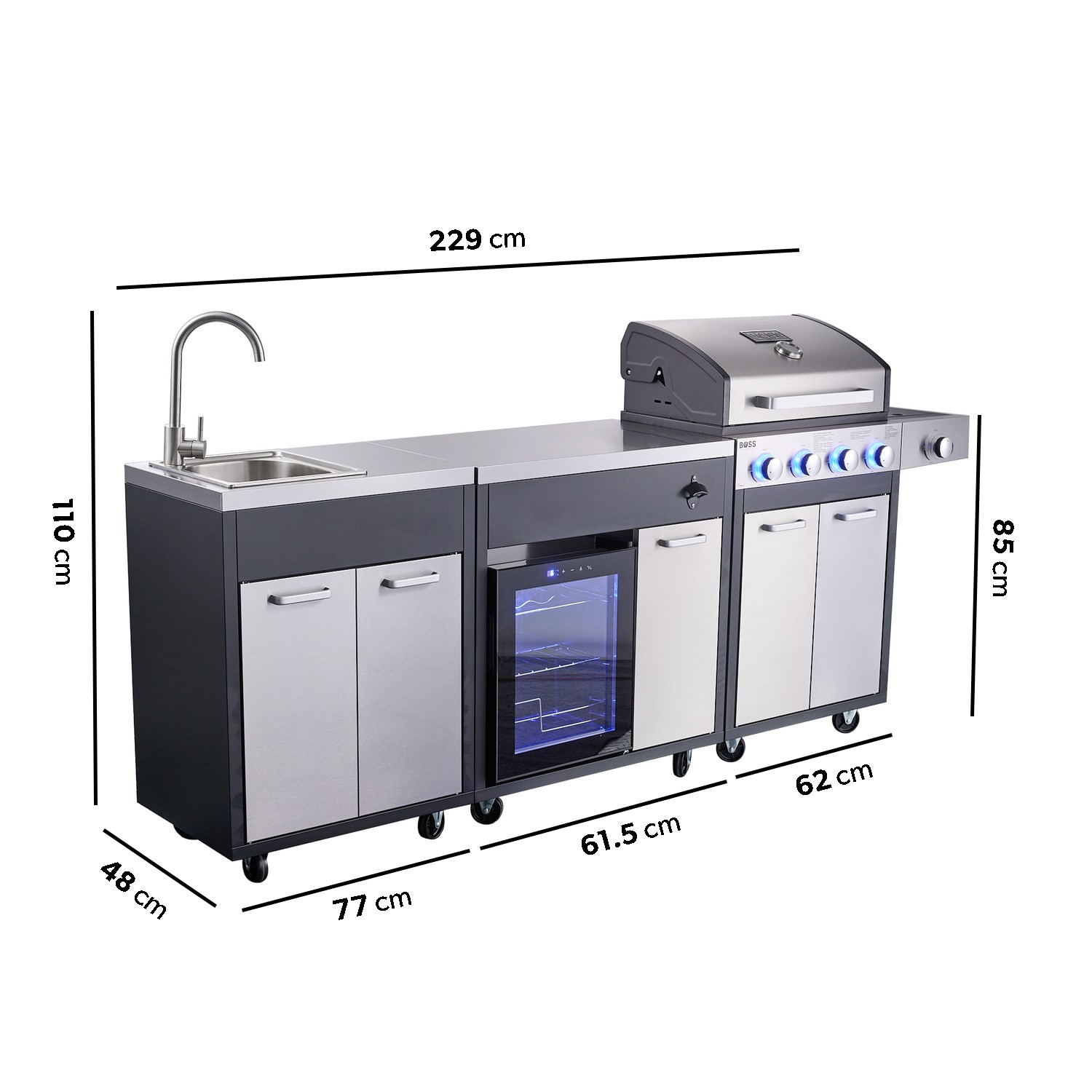 Outdoor Kitchen – 4 Burner Gas BBQ Grill with Beverage Cooler and Sink – Black